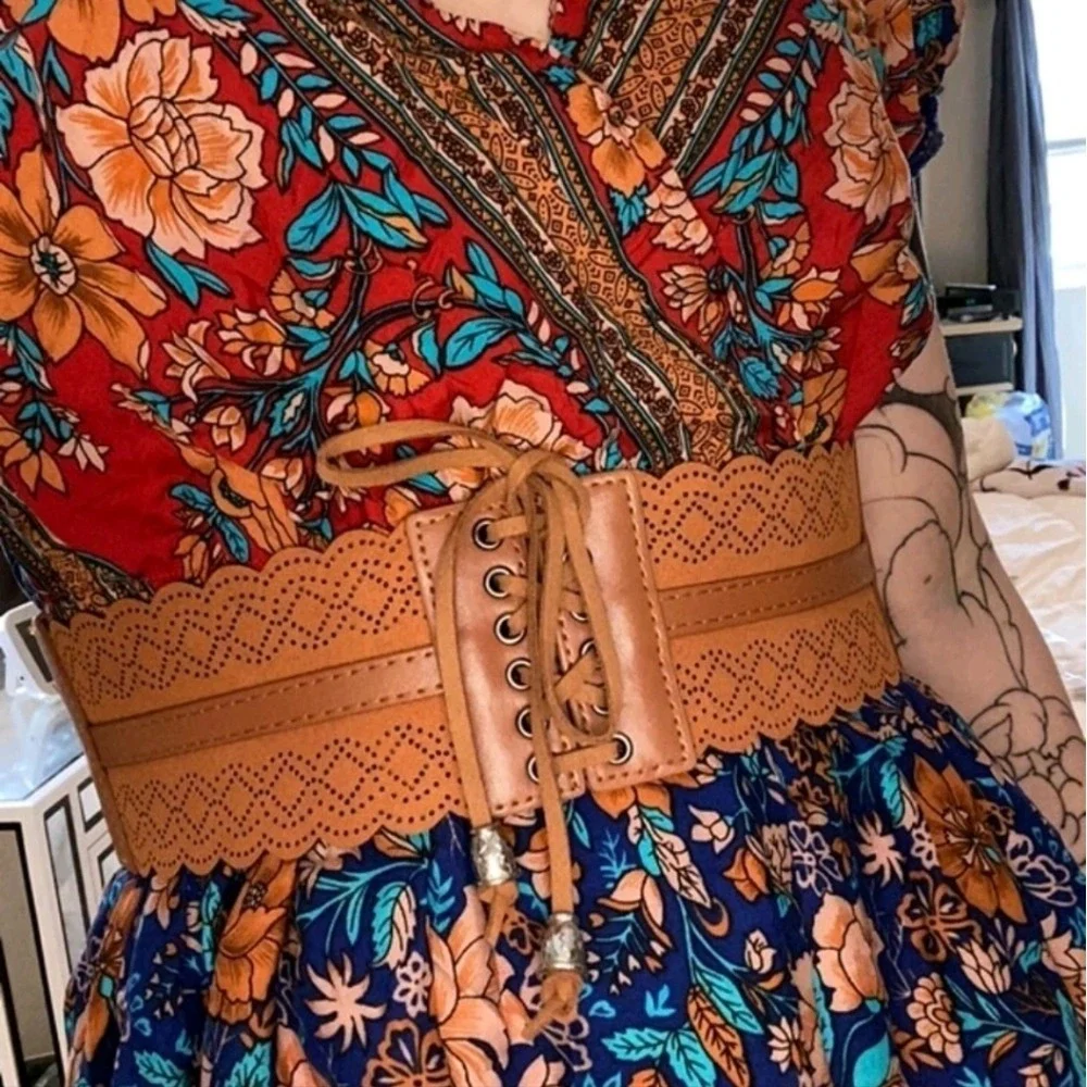 Western Brown Faux Leather suede wide belt Scalloped cottagecore lace up Corset